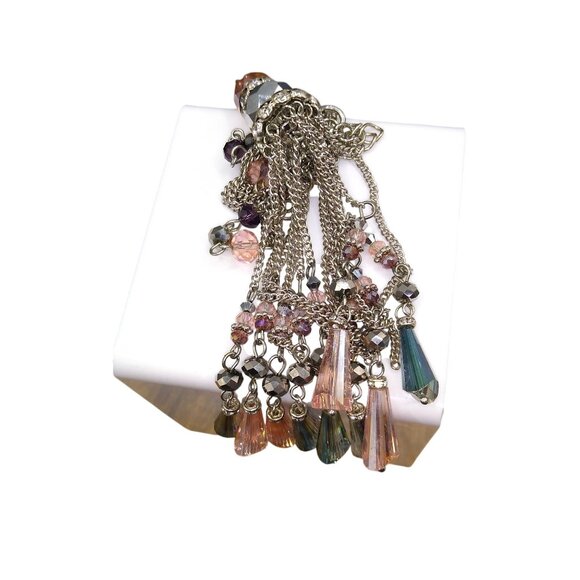 Crystal Chandelier Tassel Pendant Necklace, Soft Pink and Grey on Silver Tone - Picture 6 of 6